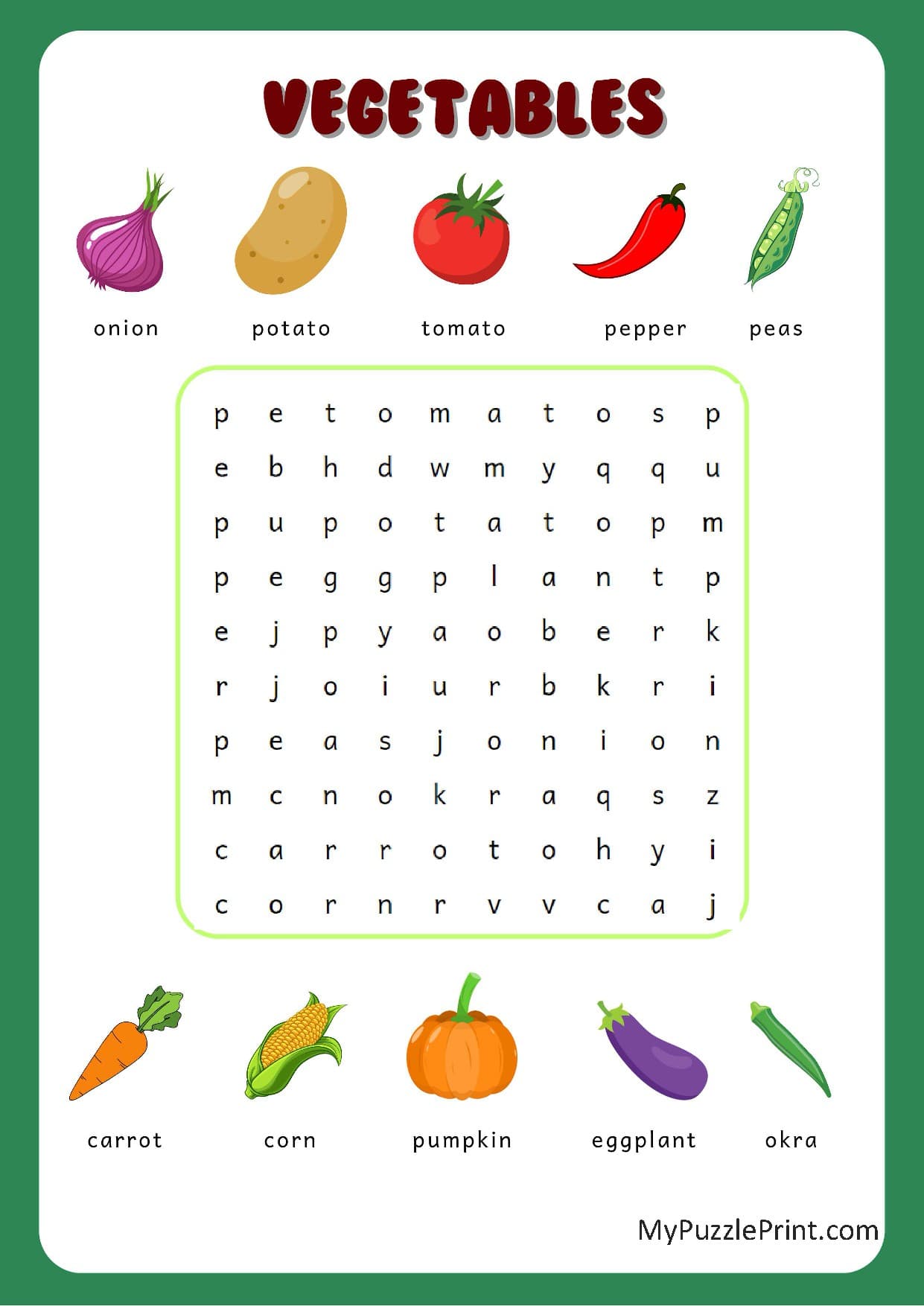 Sopa de Letras Nombres de Verduras #01 (Fácil)