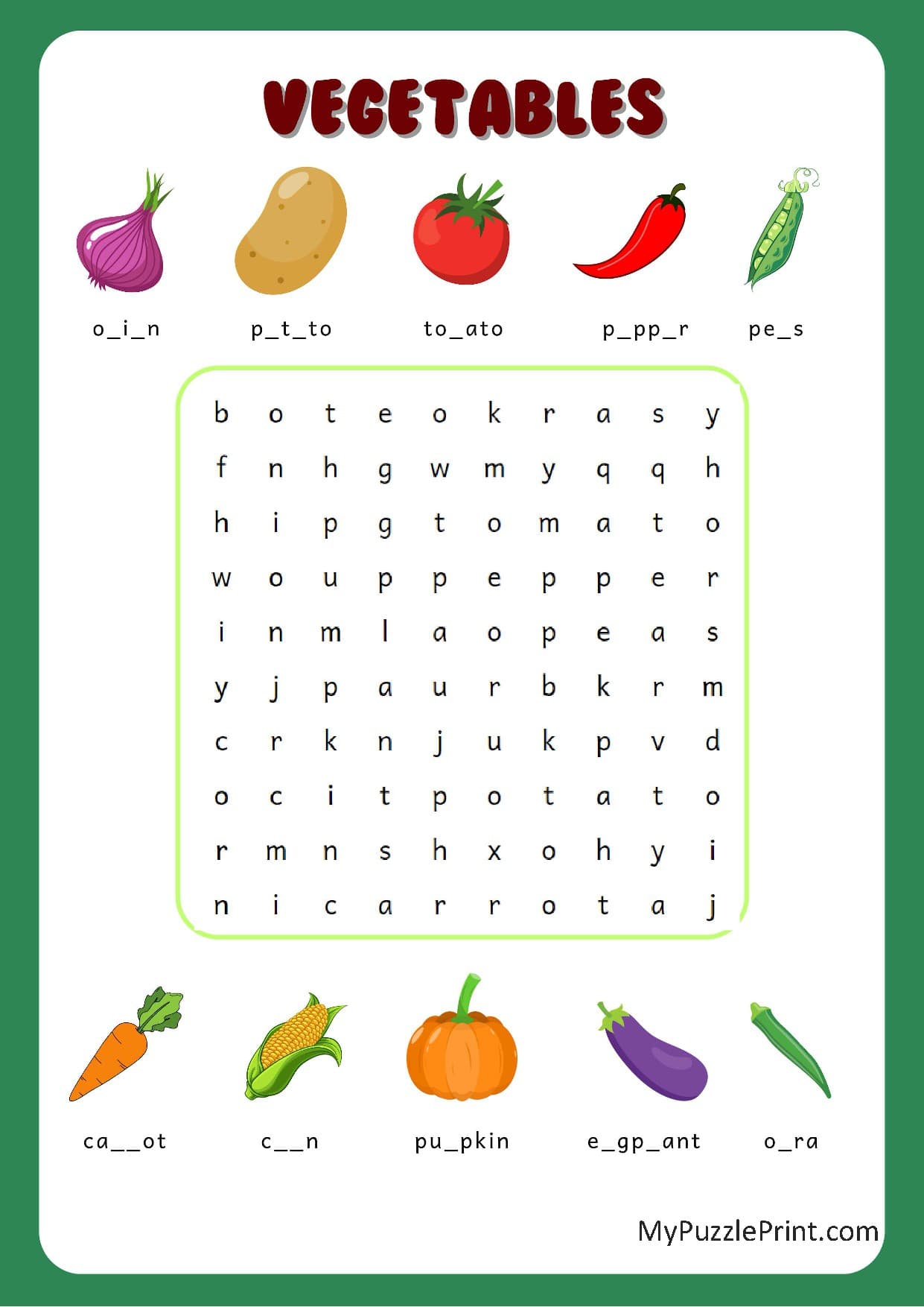 野菜の名前ワードサーチパズル #02（ふつう）