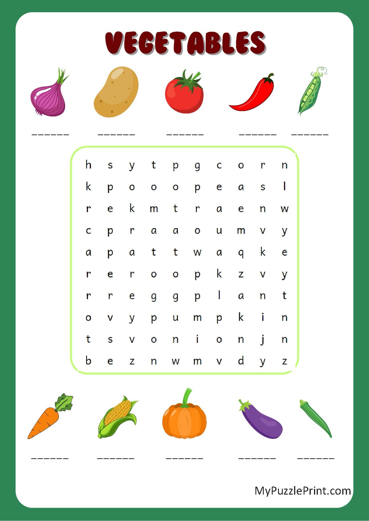野菜の名前ワードサーチパズル #06（むずかしい）