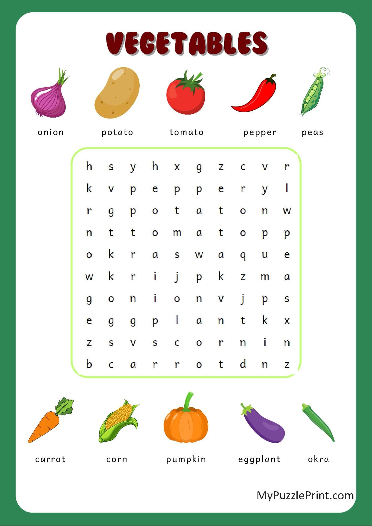 野菜の名前ワードサーチパズル #07（やさしい）
