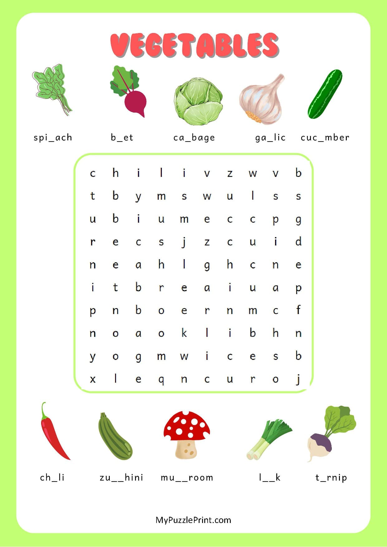 野菜の名前ワードサーチパズル #14（ふつう）