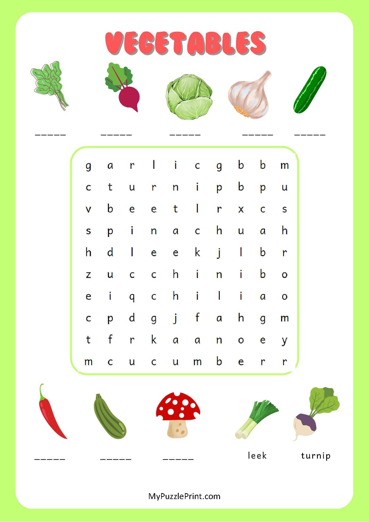 野菜の名前ワードサーチパズル #18（むずかしい）