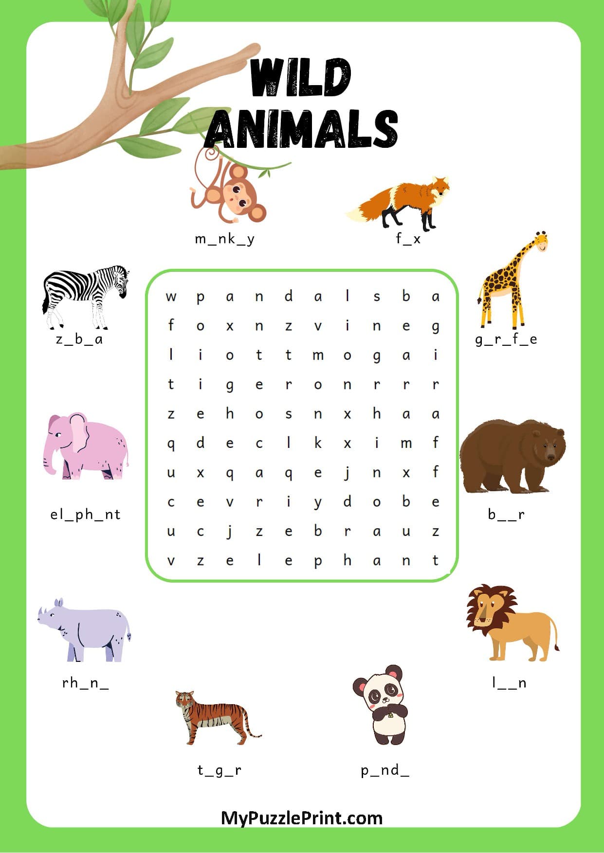 Wild Animals Word Search Puzzle #02 (Medium)