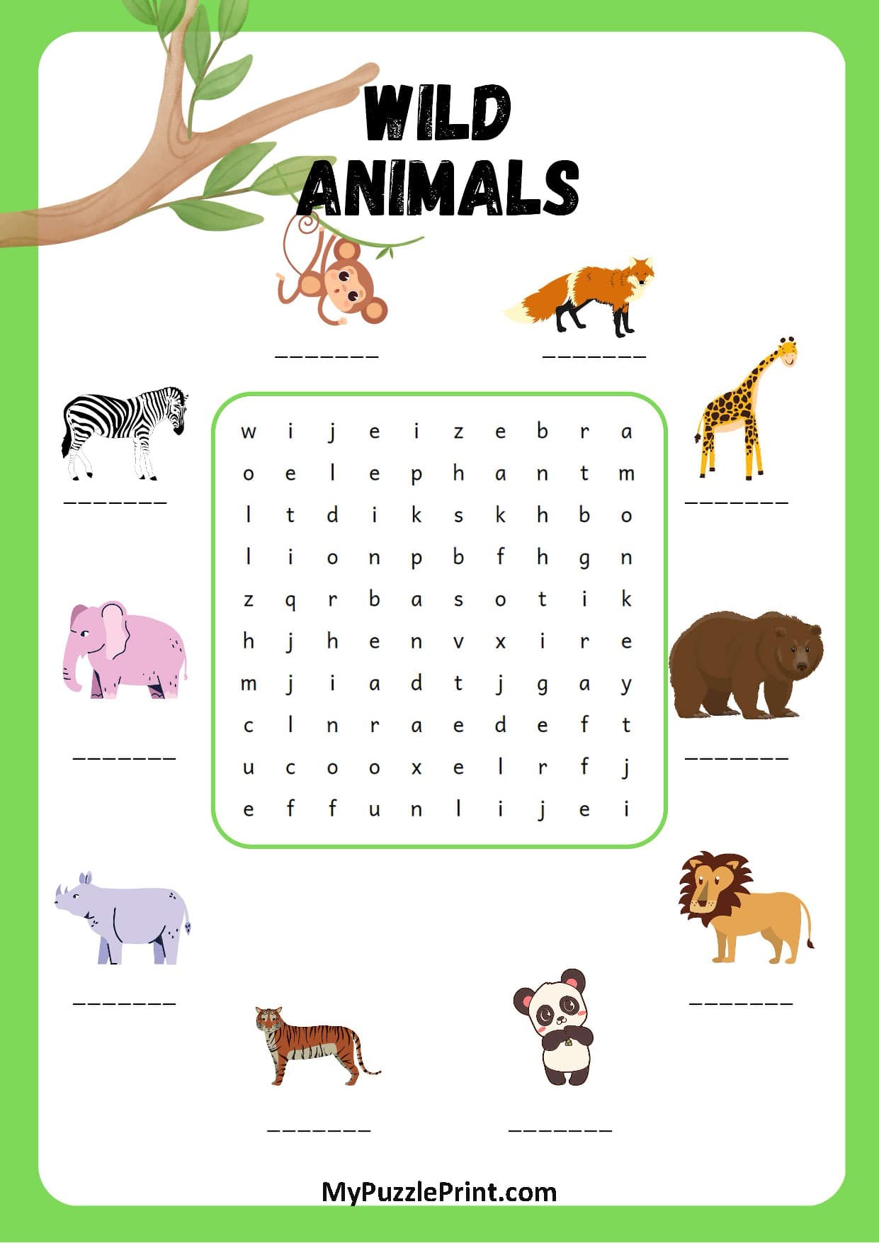 Wild Animals Word Search Puzzle #03 (Hard)