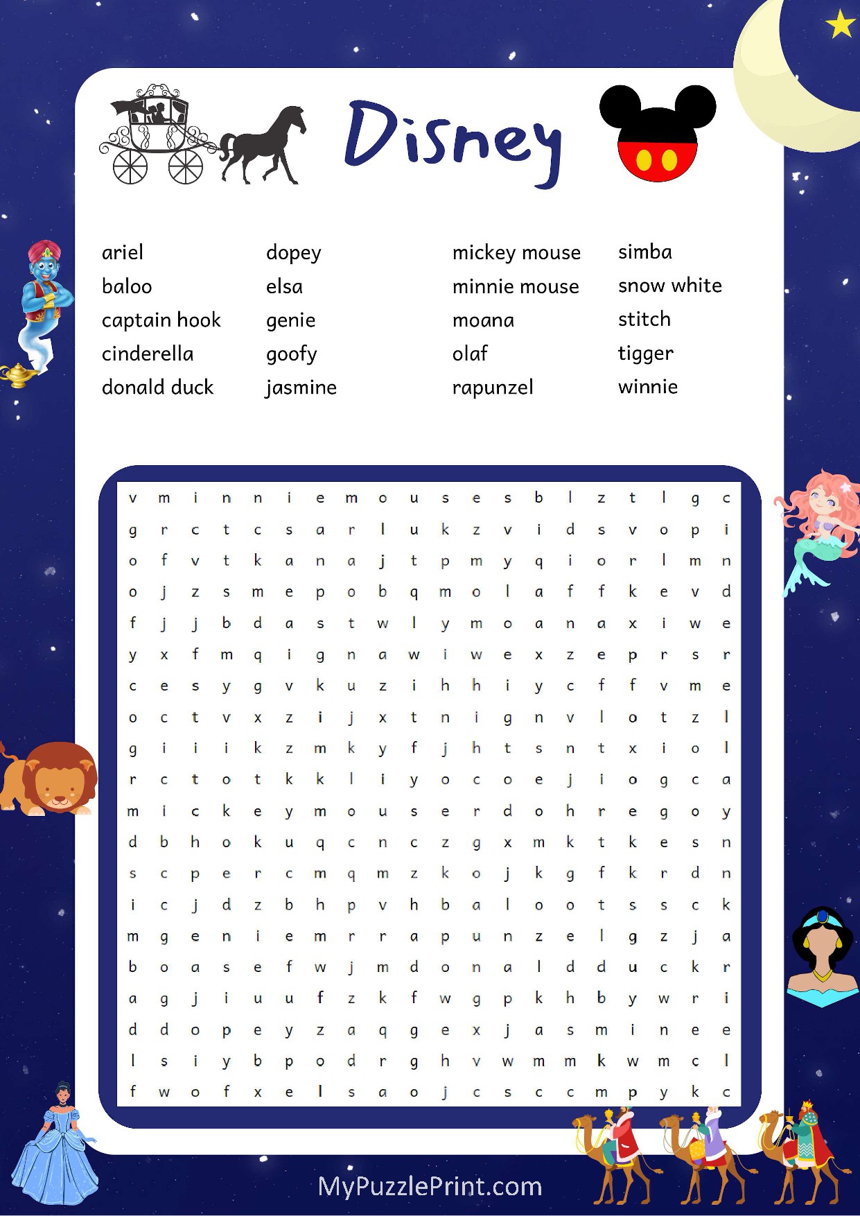 Disney Characters Word Search #09 | Free Printable PDF | My Puzzle Print