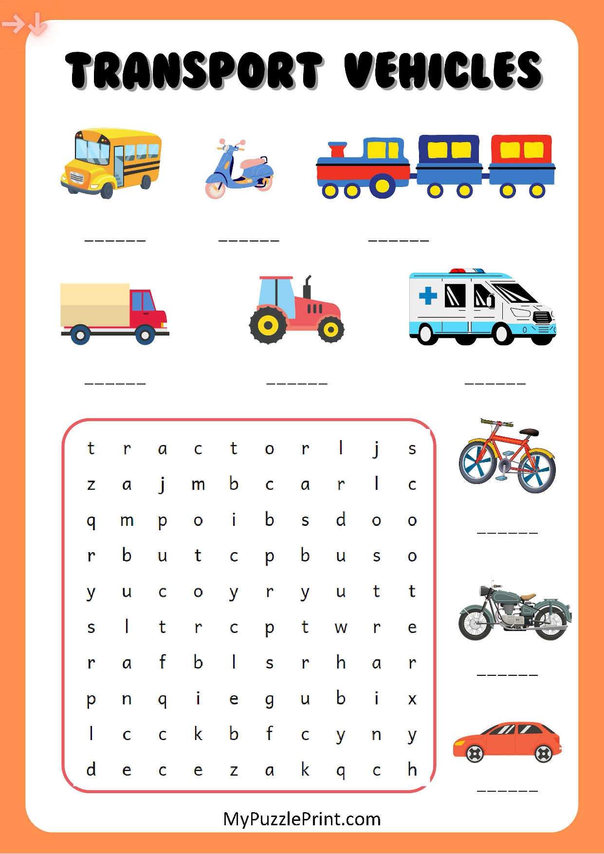 Road Vehicles Word Search #03 | Free Printable PDF | My Puzzle Print